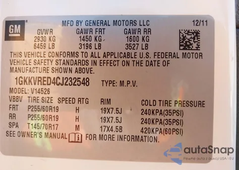 2012 GMC Acadia Slt-1 z USA, uszkodzony, nr VIN 1GKKVRED4CJ232548